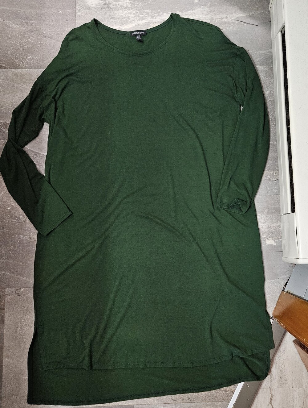 Eileen Fisher "Jewel Neck Shift" Deep Green Long-Sleeve Crew Neck Shirt Dress. L